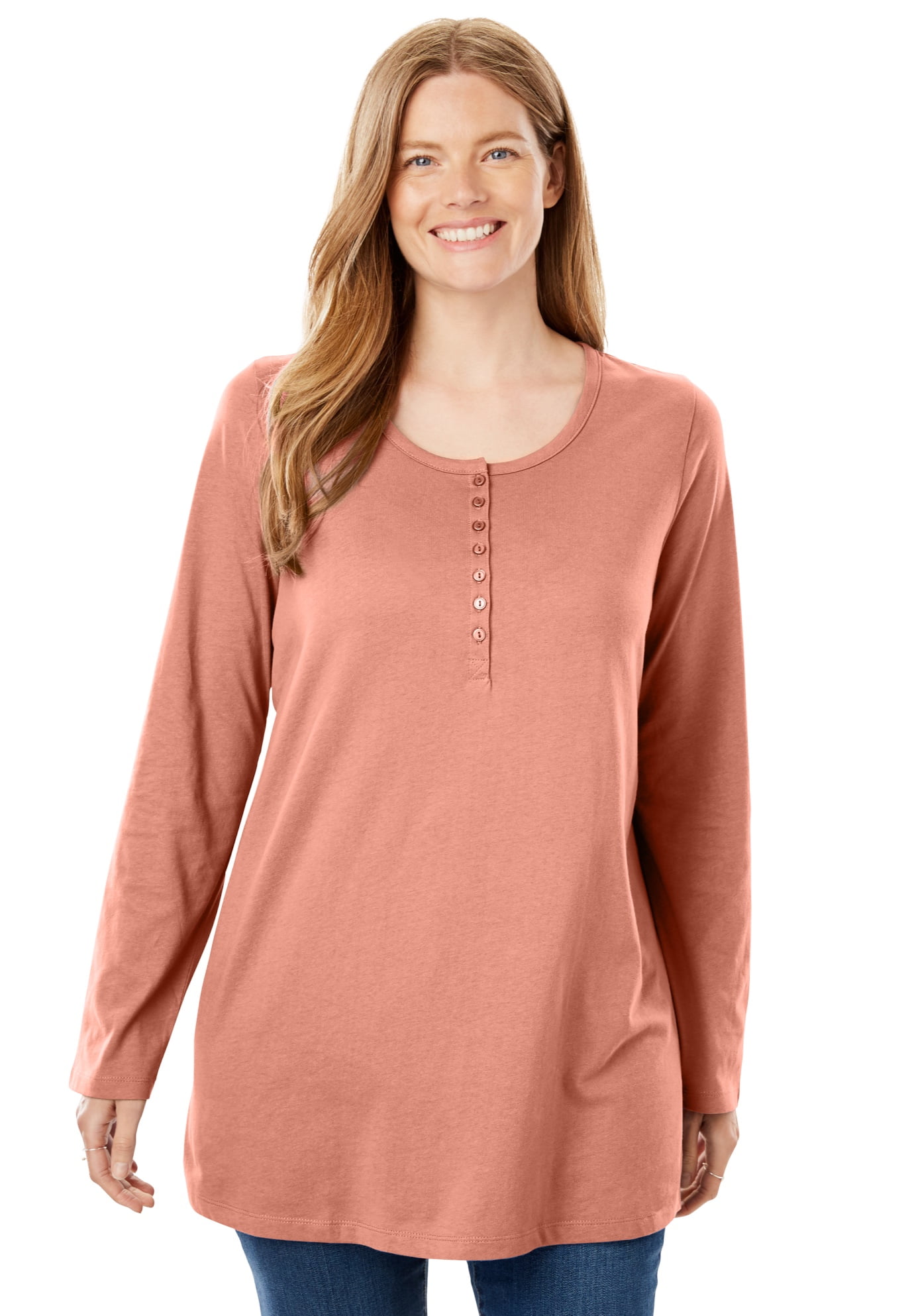 Woman Within Womens Plus Size Perfect Henley Long Sleeve Tee 