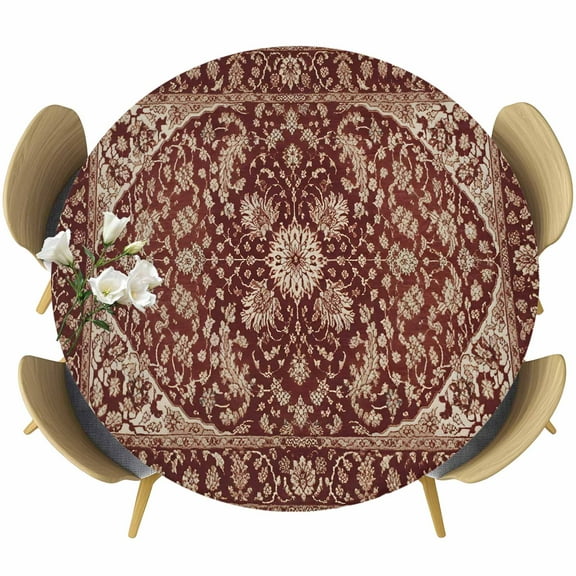 Brown Red Boho Round Tablecloth 55-60 Inch Round Fitted Table Cloth with Elastic Edge, Vintage Country Tribal Abstract Ethnic Waterproof Table Cover Protector for Outdoor Picnic Party Dining