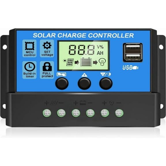 [Upgraded] 30A Solar Charge Controller, 12V/ 24V Solar Panel Regulator with Adjustable LCD Display Dual USB Port Timer Setting PWM Auto Parameter