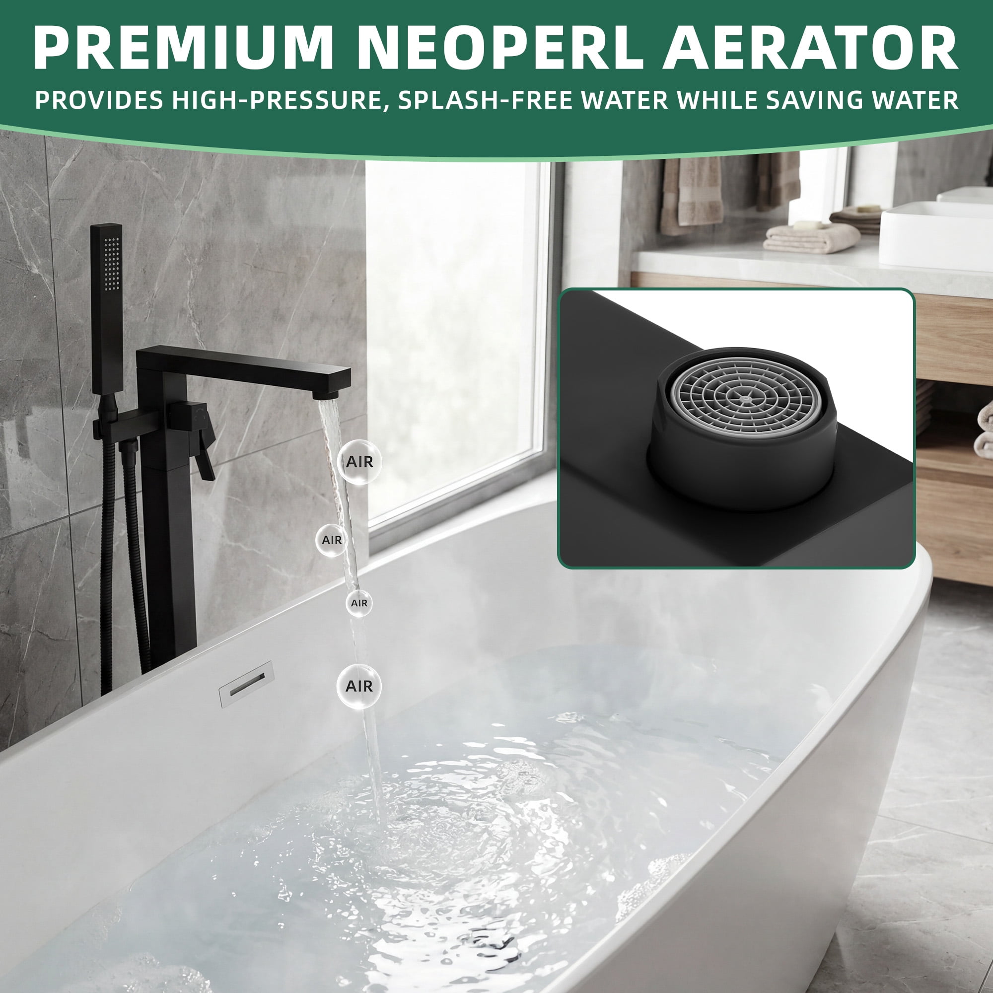 Free Standing Tub Faucet, 360°Swivel High Flow Freestanding Bathtub Faucet with Handheld Shower, Brass Body Tub Filler for Modern Bathroom, Matte Black
