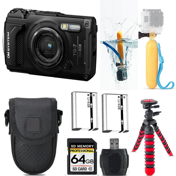 Olympus OM SYSTEM Tough TG-7 Digital Camera (Black)   Floating Hand Grip    Extra Battery  Tripod   Case -64GB Kit (International Version)