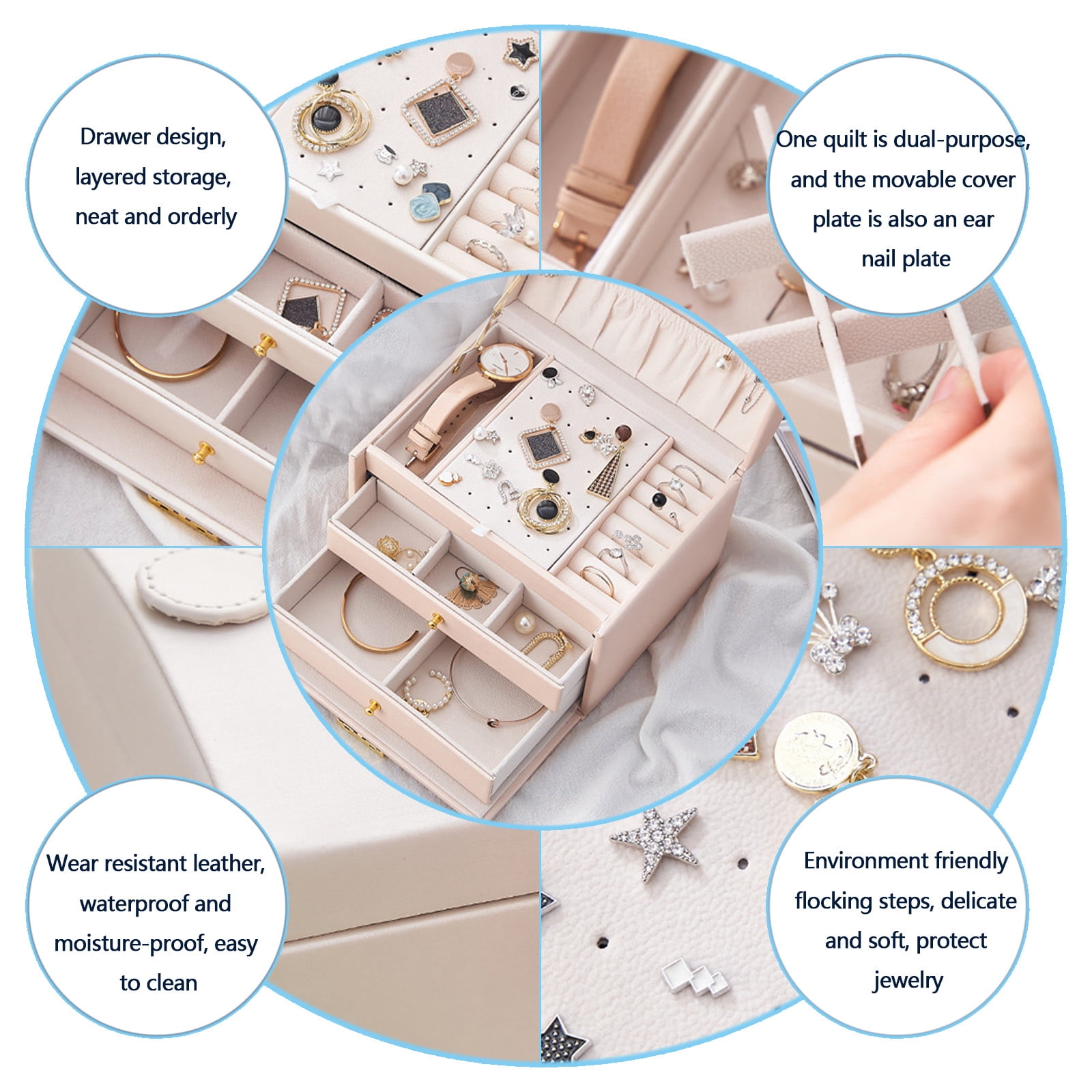 Jewelry Box With Lock And Mirror Jewelry Organizer Storage Case With 3-Layers Display For Earrings Bracelets Rings Watches