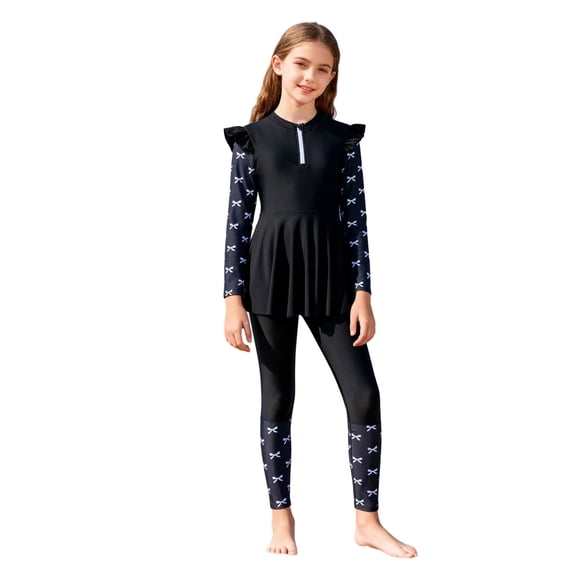 WERYOUNG Girl's Swimsuit Sets Long Sleeve Bowknot Print Top And Swim Pants Two Piece Swimwear Beach Sports Stylish Versatile Swimsuit