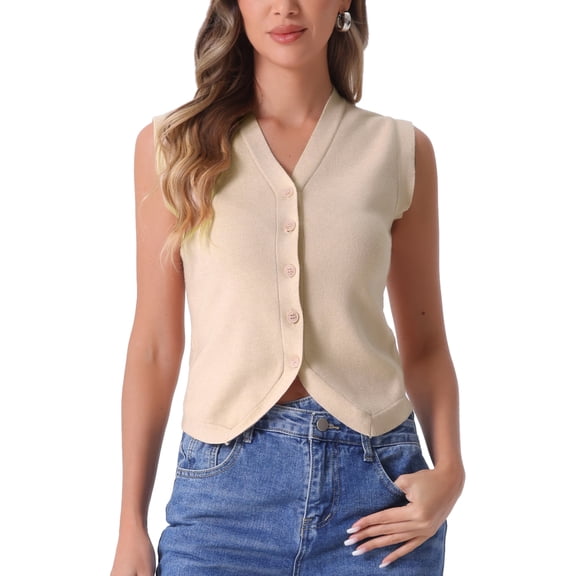 DARING DIVA Stylish Sleeveless V Neck Cropped Button Up Sweater Vest XS Apricot