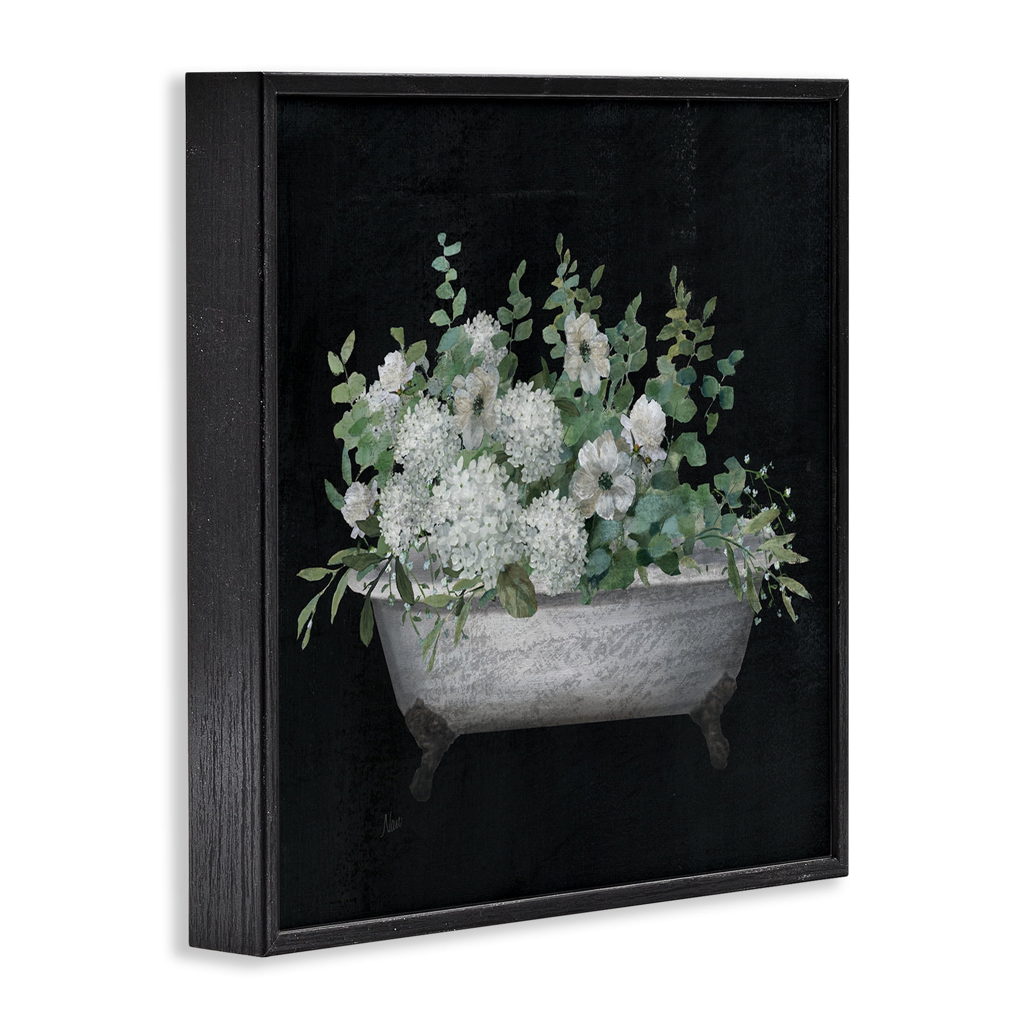 Stupell Industries Floral Bath on Black Typography Painting Black Framed Art Print Wall Art, 24 x 24