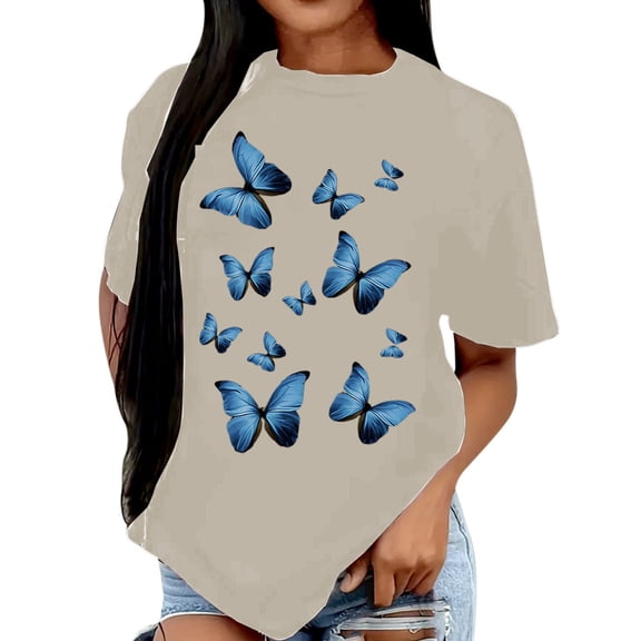 Tops For Women T-Shirts Blue Butterfly Print Short Sleeve Summer Crew Neck Workout Clothes
