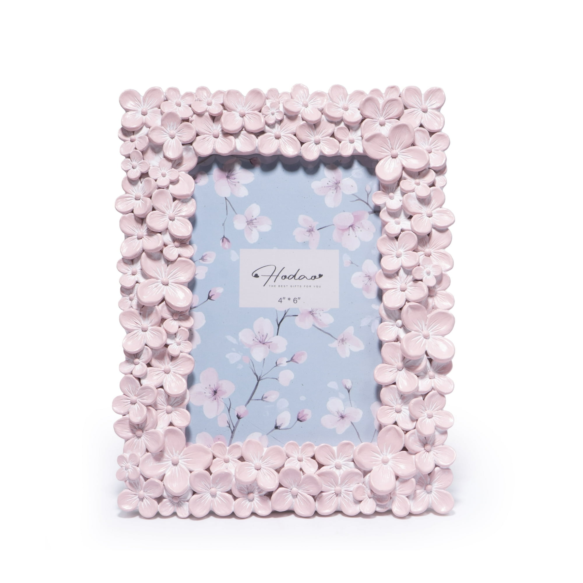 Hodao Handcrafted Floral Decorative Photo Frame, 4x6 Inch Pink Resin Picture Frame, Cute Home Decor Accent