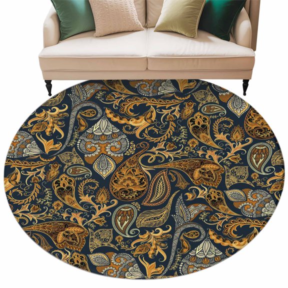 Boho Floral Large Area Rugs for Bedroom Living Room, Soft Non Slip Carpet Bedside Rug, Vintage Botanical Paisley Flower Round Floor Cover Kitchen Accent Rug 6' for Dining Room/Office