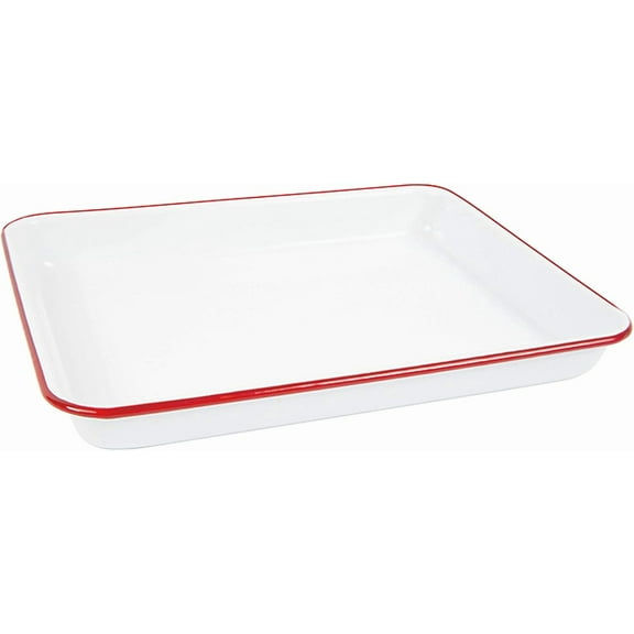 Enamelware Small Rectangular Tray, 11.25 x 9 inches, Vintage White/Red (Single)