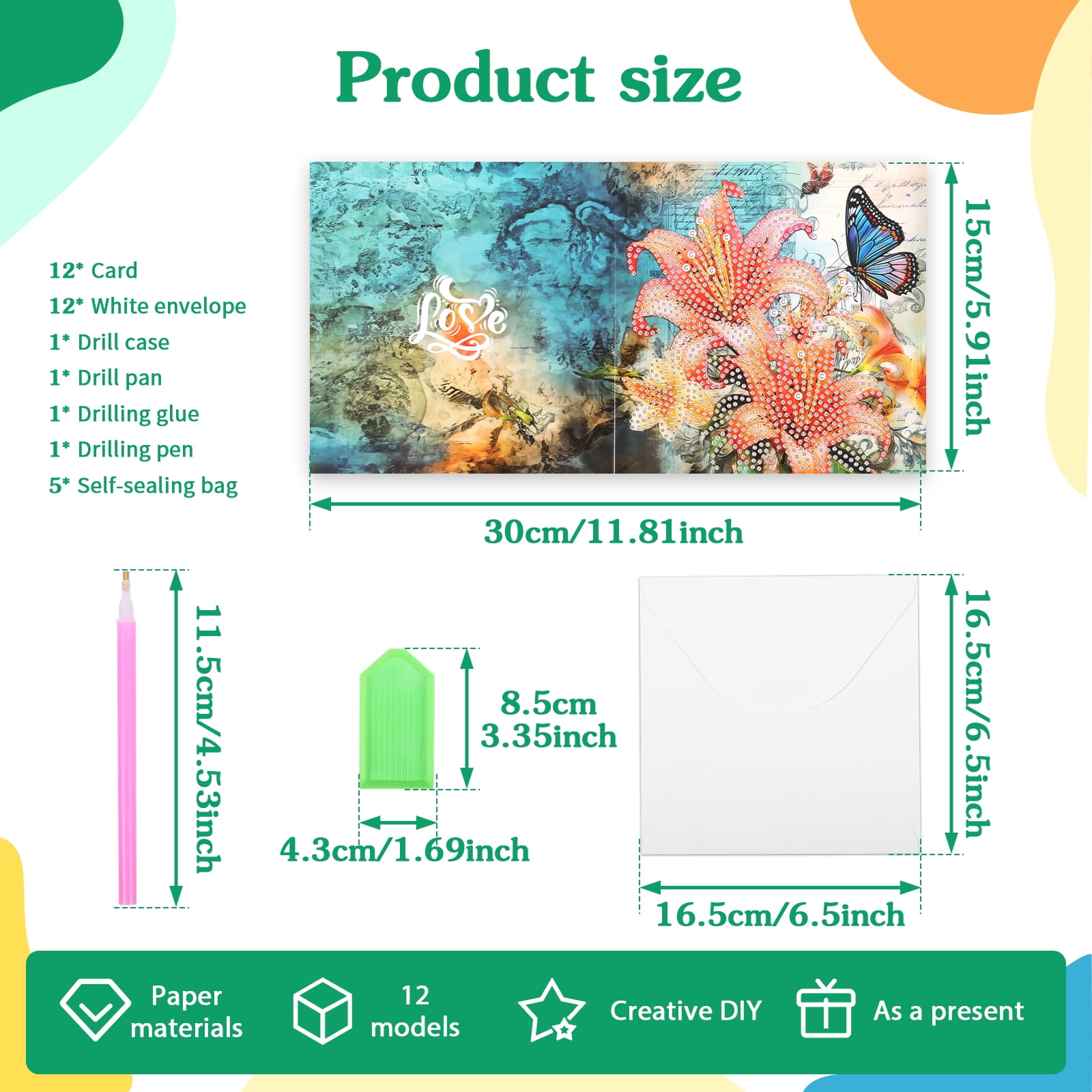 Ikoopy 12 Pack Diamond Art Card with Painting Tool and Envelope DIY Manual Greeting Card for Christmas Xmas for Festival New Year