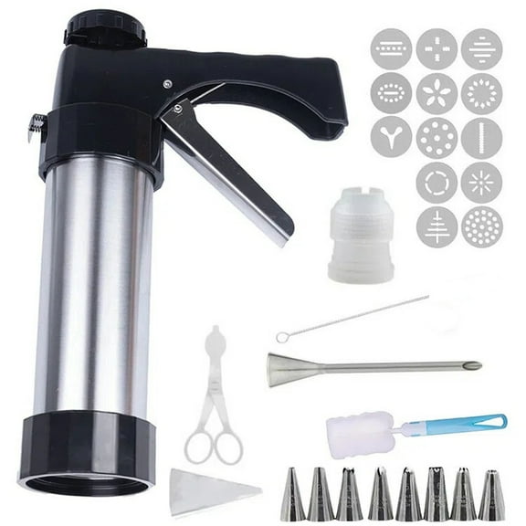 Churro Maker Machine - Stainless Steel Churros Gun Kit, 3-In-1 Multifunctional Cookie Press Gun with Piping Bag, 9 Piping Nozzles and 13 Cookie Discs for Making Churro, Cookie and Cake DIY,Silver