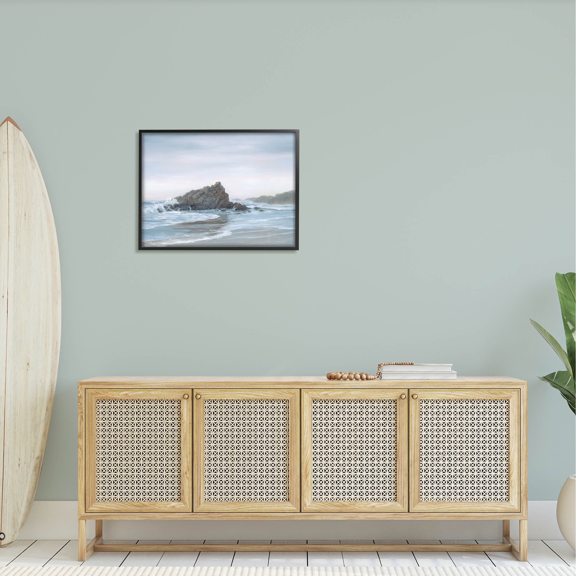 Crashing Waves Rocky Beach Coastal Painting Black Framed Art Print Wall Art