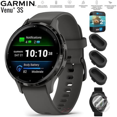 Garmin 010-02785-00 Venu 3S Health Fitness GPS Smartwatch Steel Bezel with Pebble Gray Case 41mm Bundle with Dust Cover 3 Pack, 2-Pack Screen Protector and 2 YR CPS Enhanced Protection Pack