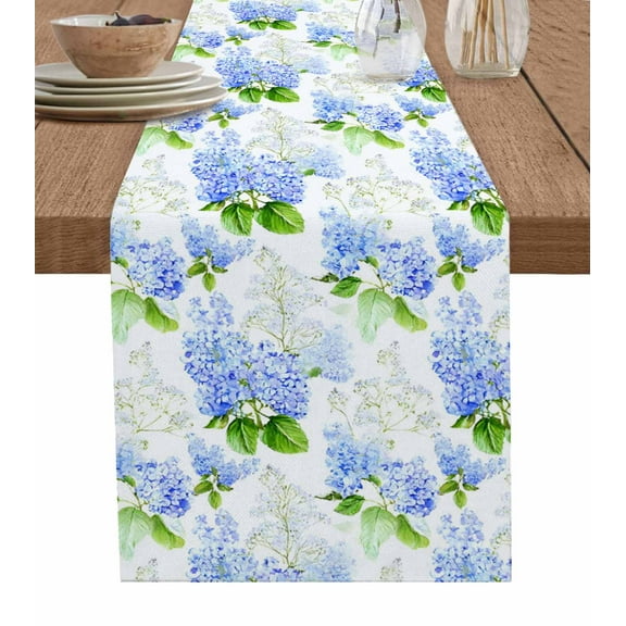 Summer Hydrangeas Table Runner 72 Inches, White Blue Flowers Pastoral Leaves Bed Runner Dresser Scarves Tabletop for Indoor Outdoor Parties/Ceremony/Banquet, 16" x 72"