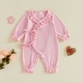 thumbnail image 3 of Cjfdfy Newborn Baby Girl Fall Romper Outfit Ribbed Knit Solid Color V-neck Long Sleeve Bodysuits With Ruffle Trim Bows Side Snaps Infant Cute Coming Home Clothes 0-6M, 3 of 9