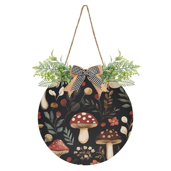 Mushrooms and Flowers Vintage Front Door Porch Decoration Hanging Sign with Artificial Green Plants and Bow for Home Outdoor Indoor