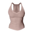 thumbnail image 3 of Ribbed Tank Tops for Women Built in Bra Cropped Spaghetti Strap Sleeveless V Neck Racerback Fitted Tee Athletic Workout Casual Basic Top (Taupe,L), 3 of 9
