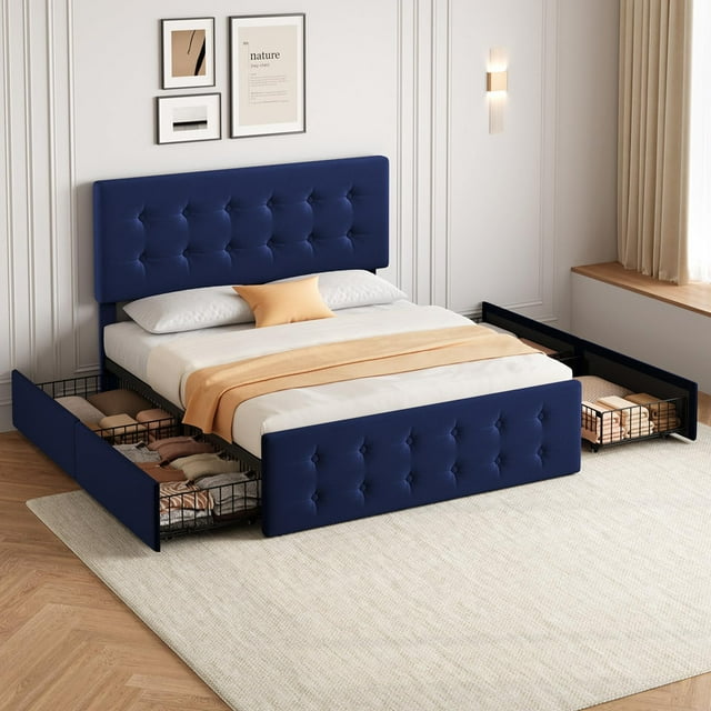 Queen Size Bed Frame with 4 Storage Drawers – Upholstered Platform Bed with Adjustable Headboard, Wood Slat Support, Noise-Free, No Box Spring Needed, Blue