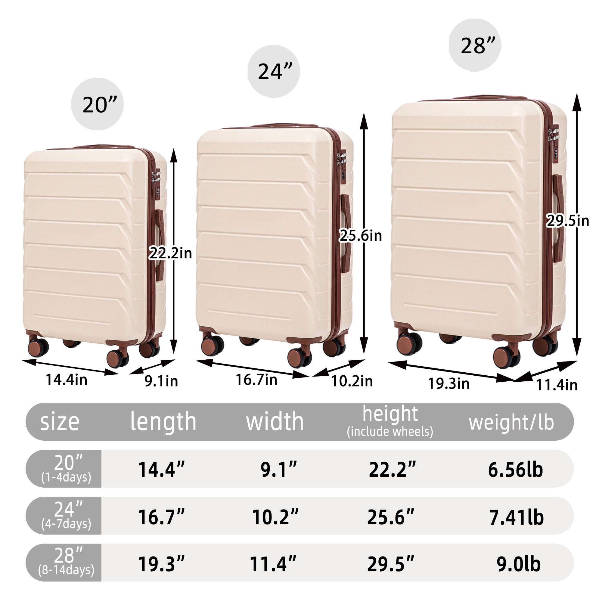 Hardside Suitcase, HIFINE TOURIST 20"/24"/28" 3 pcs/set in ABS Spinner Wheel Luggage, Matching Color , With Combination Lock (Beige), Beige Hardside Luggage,Abs Hardside Checked Luggage