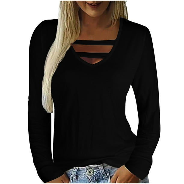 Camiseta de manga larga suelta casual de color sólido de moda sexy casual para mujer Top Pompotops FGAJ15243