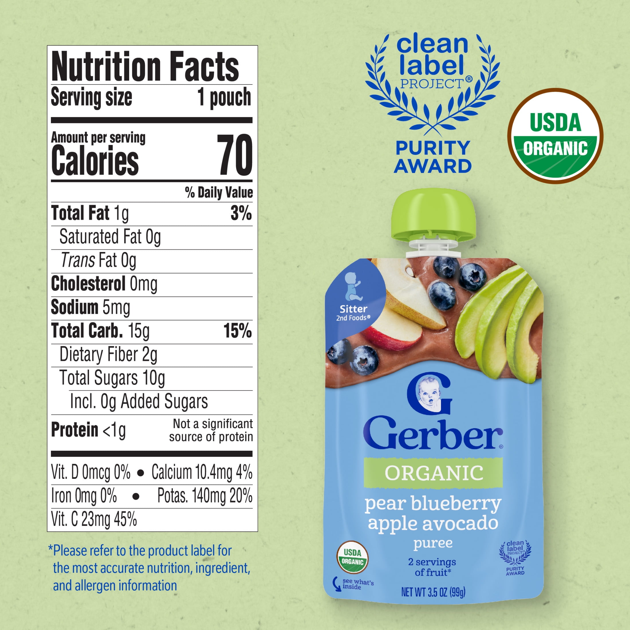(3 pack) Gerber Organic Stage 2 Baby Food Puree, Pear Blueberry Apple Avocado, 3.5 oz Pouch