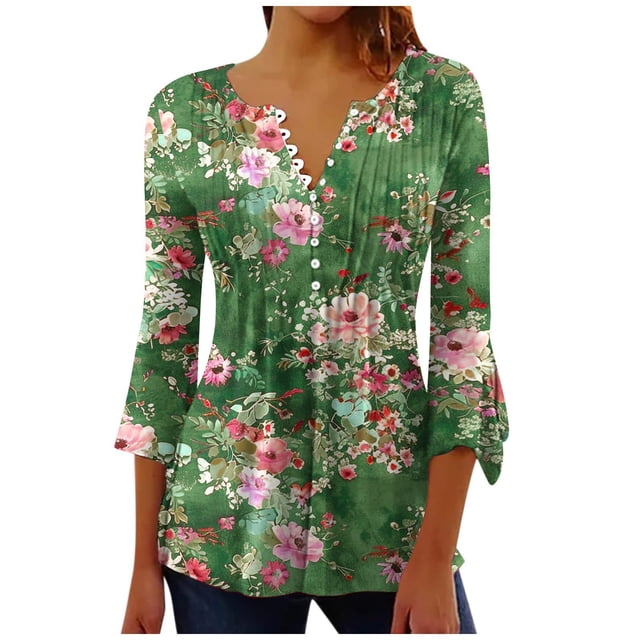 Blouses pour Femmes, T-Shirts pour Femmes, T-Shirt Imprimé de Mode pour Femmes Blouse à Manches 3/4 Col en V Décontractée