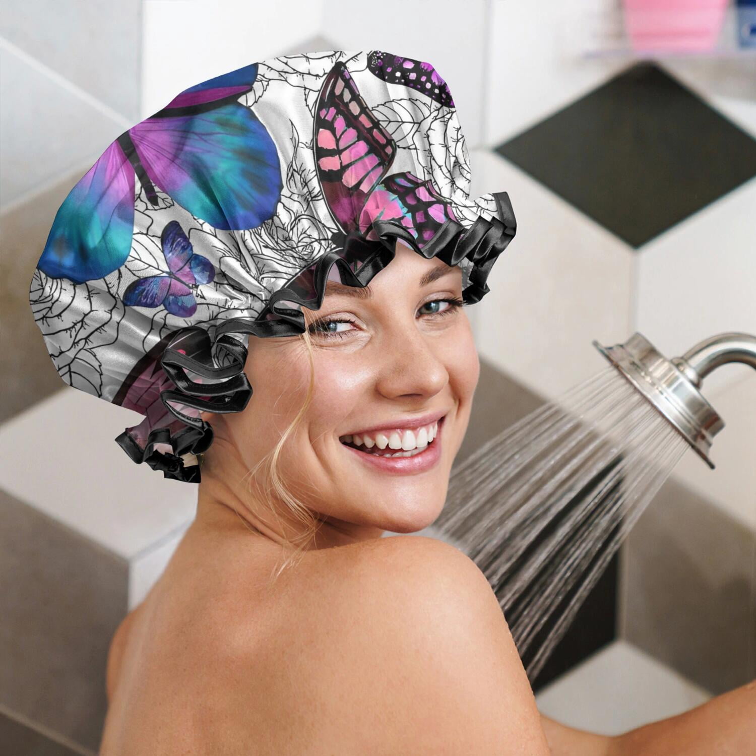 Shower Caps,Purple Butterfly Rose Pattern Waterproof Shower Cap for Women 4 Pieces,Double Reusable Hair Cover for Shower PEVA Elastic Stretch Hem