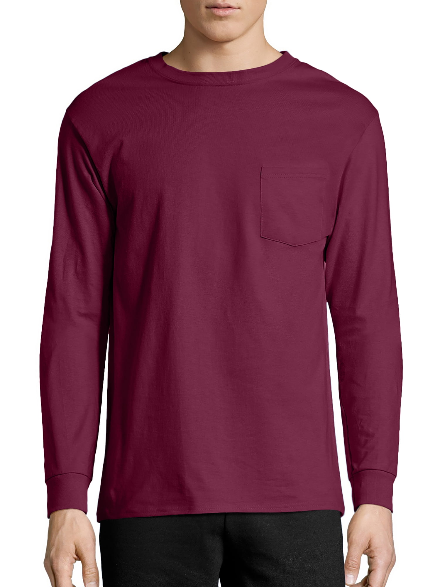 Maroon X-Large Hanes Mens Tagless Long Sleeve T-Shirt with a Pocket