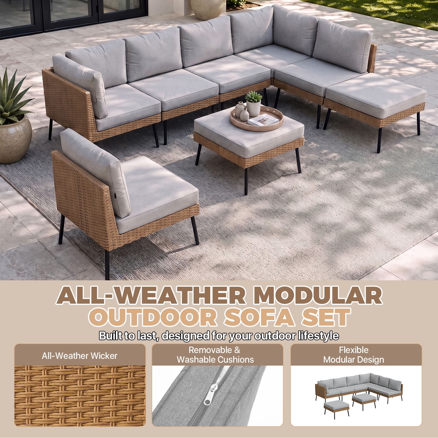 BaPiPro 8-Piece Modular Outdoor PE Rattan Sectional Sofa Set, All Weather Patio Furniture with Removable 4" High Density Cushions & 2 Multifunctional Ottomans for Backyard Garden Courtyard, Gray