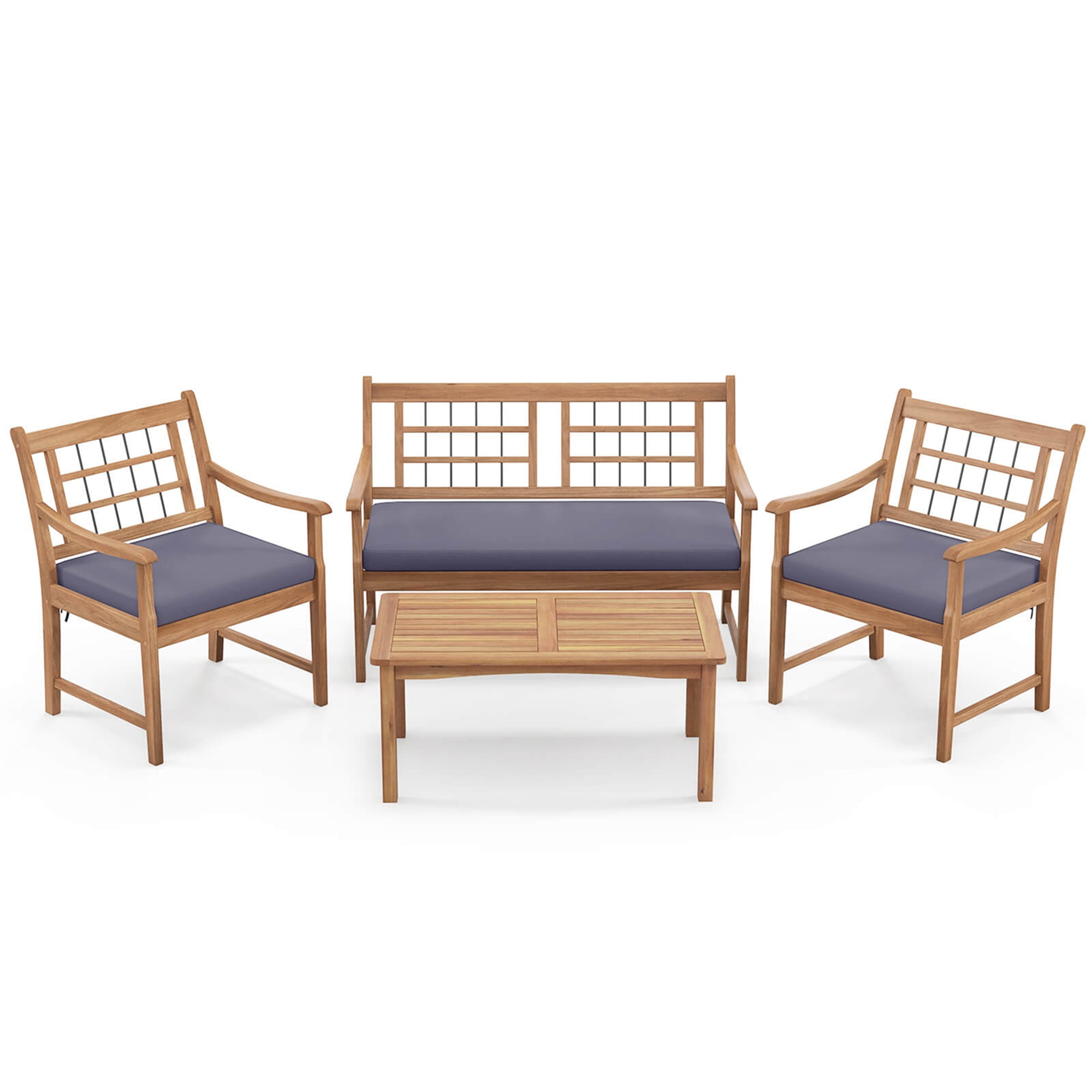 Costway 4 PCS Wood Patio Furniture Set with Soft Seat Cushions Solid Acacia Wood Frame Gray