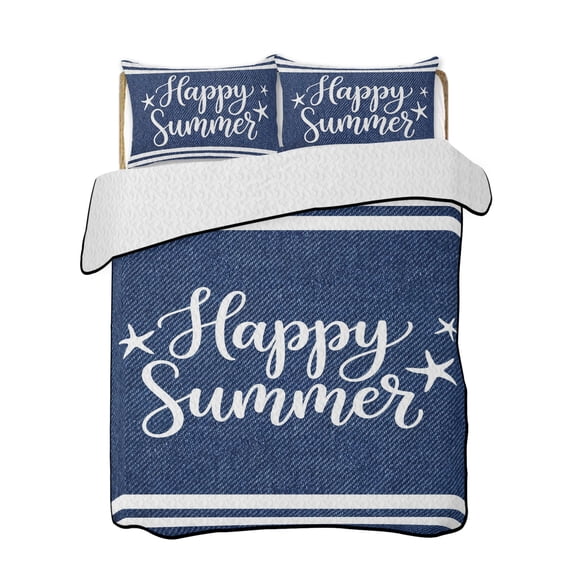 Quilts Queen Size Bedding Set, Navy Blue Stripes Reversible Summer Quilt 3 Pieces, Farmhouse Striped Modern Art Lightweight Bedspreads Coverlets with 2 Pillow Shams for All Seasons