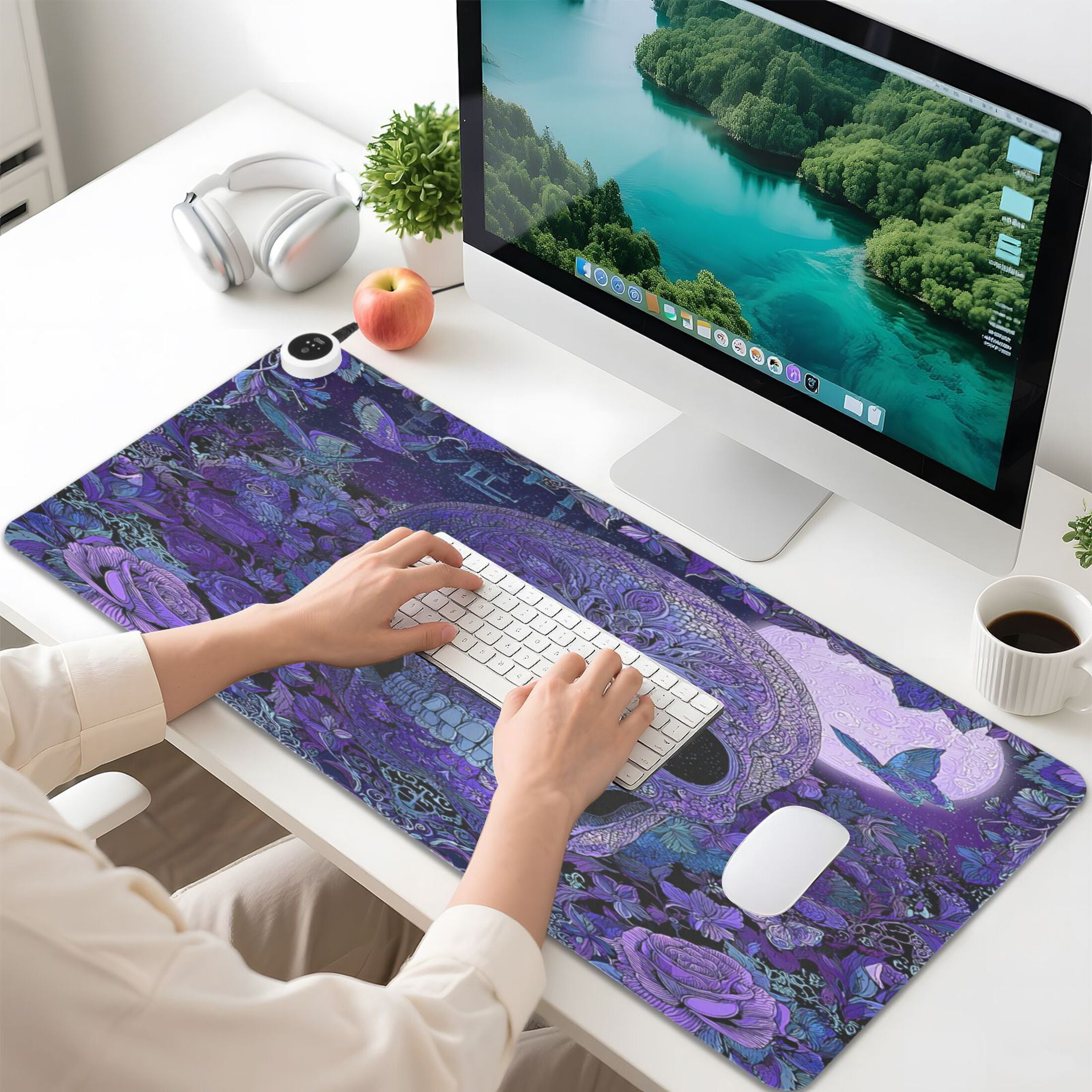 Large Heated Desk Mat Mouse Pad 31.5"x13"PU Leather Graphene Heating Desk Warmer with 3 Temperature Settings 110V US Plug Non-Slip Warm Pad for Home, Office, and Gaming Midnight Skull Butterfly Bloom