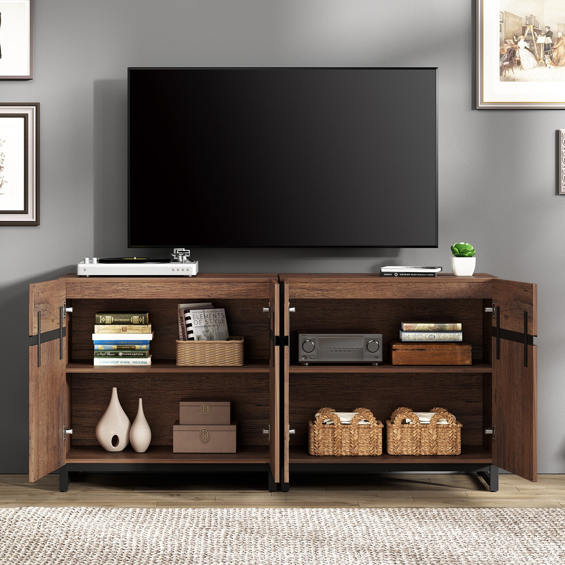 WAMPAT 63" TV Stand with Doors,Modern TV Stand for TVs up to 70 Inch,2 Packs Wood Entertainment Center with Adjustable Shelves & Metal Base.