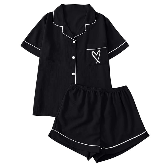 MEICHEN Lounge Set for Women 2 Piece Pajama Set for Women Heart Print Button Short Sleeve Shirt Matching Shorts Set Summer Cute Sets Women's Essentials Fashion Sleepwear