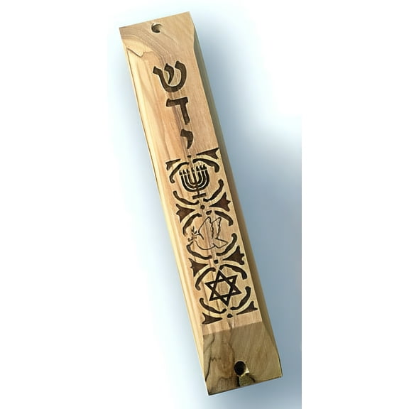 YourHolyLandStore Olive Wood Mezuzah Case with Menorah and Star of David and Scroll