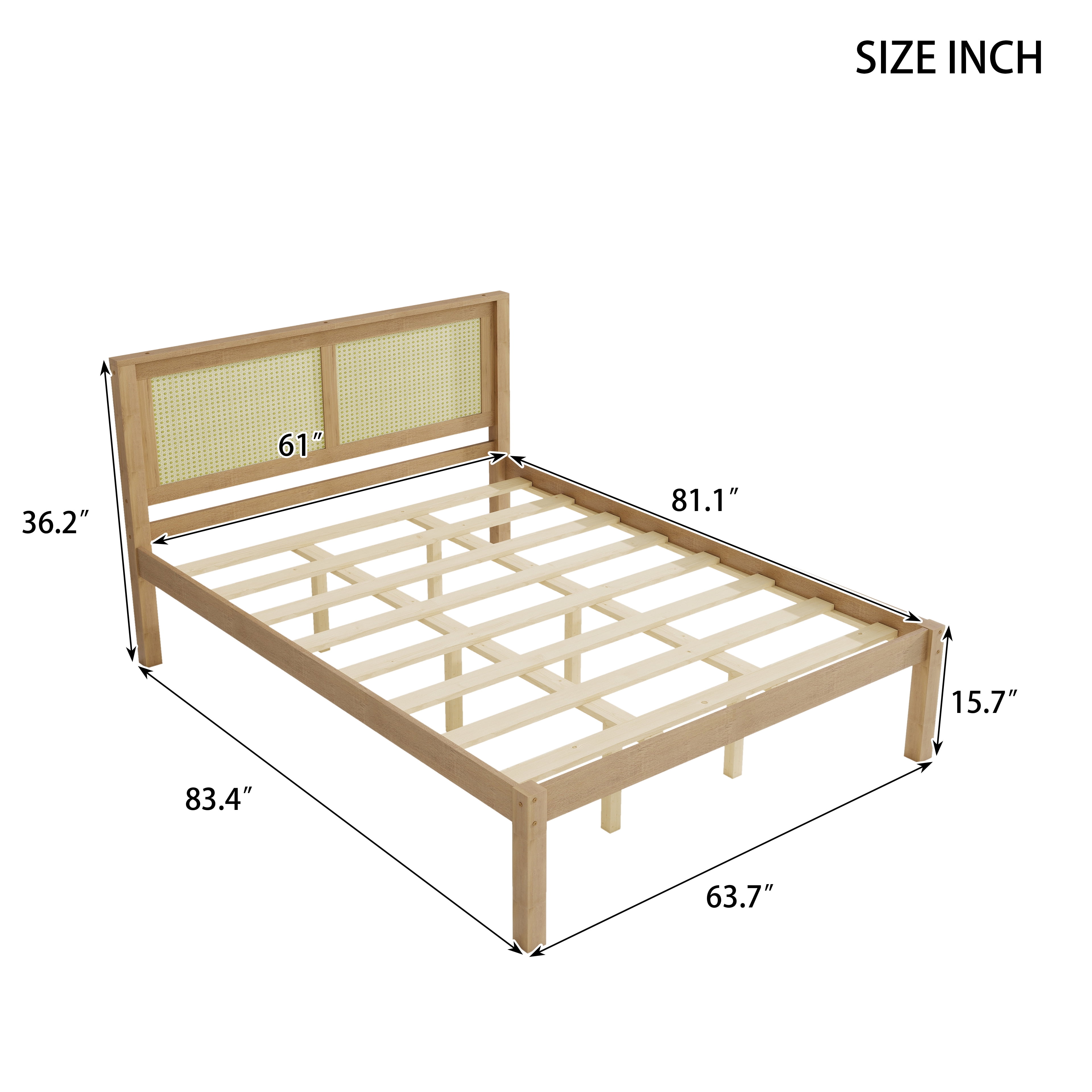 Queen Bed Frame with Rattan Headboard, Solid Wood Platform Bed and Farmhouse Boho Bed Frame with Under-Bed Storage for Bedroom, Natural Wood