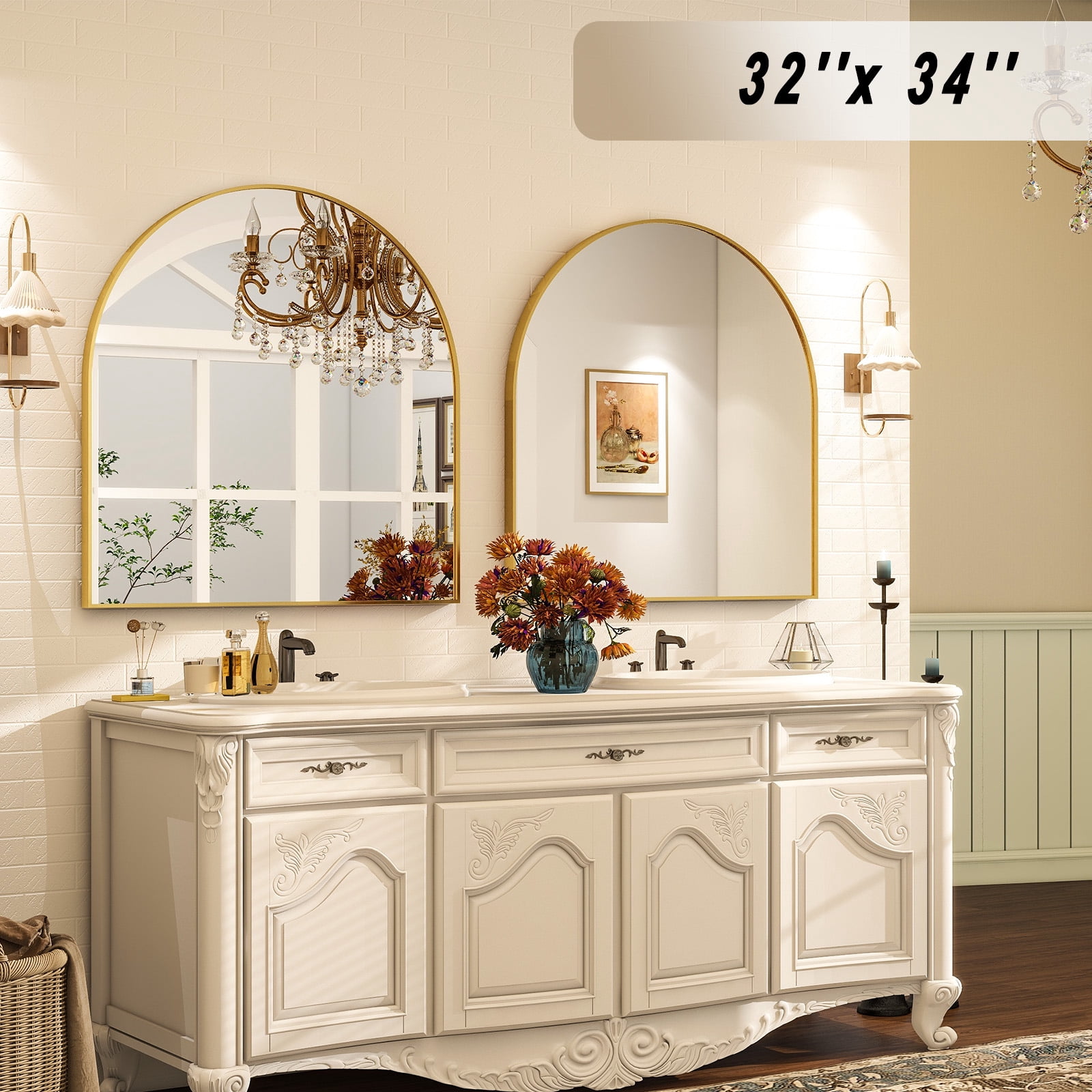 SHATTERVIEW 32"x34" Bathroom Wall Mounted Mirror Arched Hanging Vanity Mirror, Gold