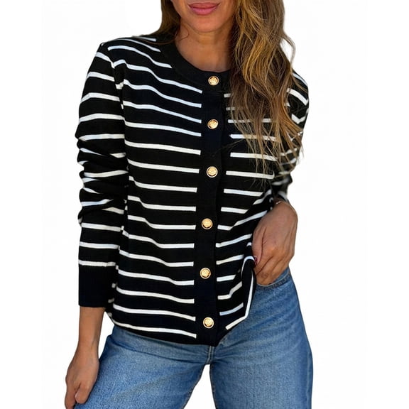 CHICME Striped Cardigan Sweaters for Women Crew Neck Long Sleeve Button Down Lightweight Fall Knit Sweater Black-L