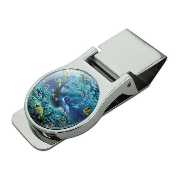 Coral Reef Diving Dolphin Pals Diving Satin Chrome Plated Metal Money Clip