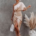thumbnail image 2 of Sngxgn Women's Ruched Bodycon Dress Long Sleeve Front Drape Crew Neck Midi Dress(Gold,M), 2 of 7