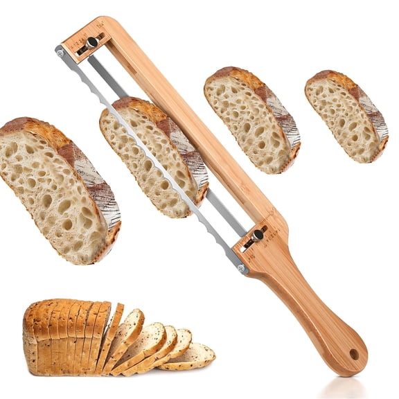 YMWVH Adjustable Bread Knife, Manual Bow Sourdough Slicer with Thickness Guide, Serrated Stainless Steel Blade, Ambidextrous Manual Cutter for Homemade Loaves, Baguettes and Bagels, Practical Baking