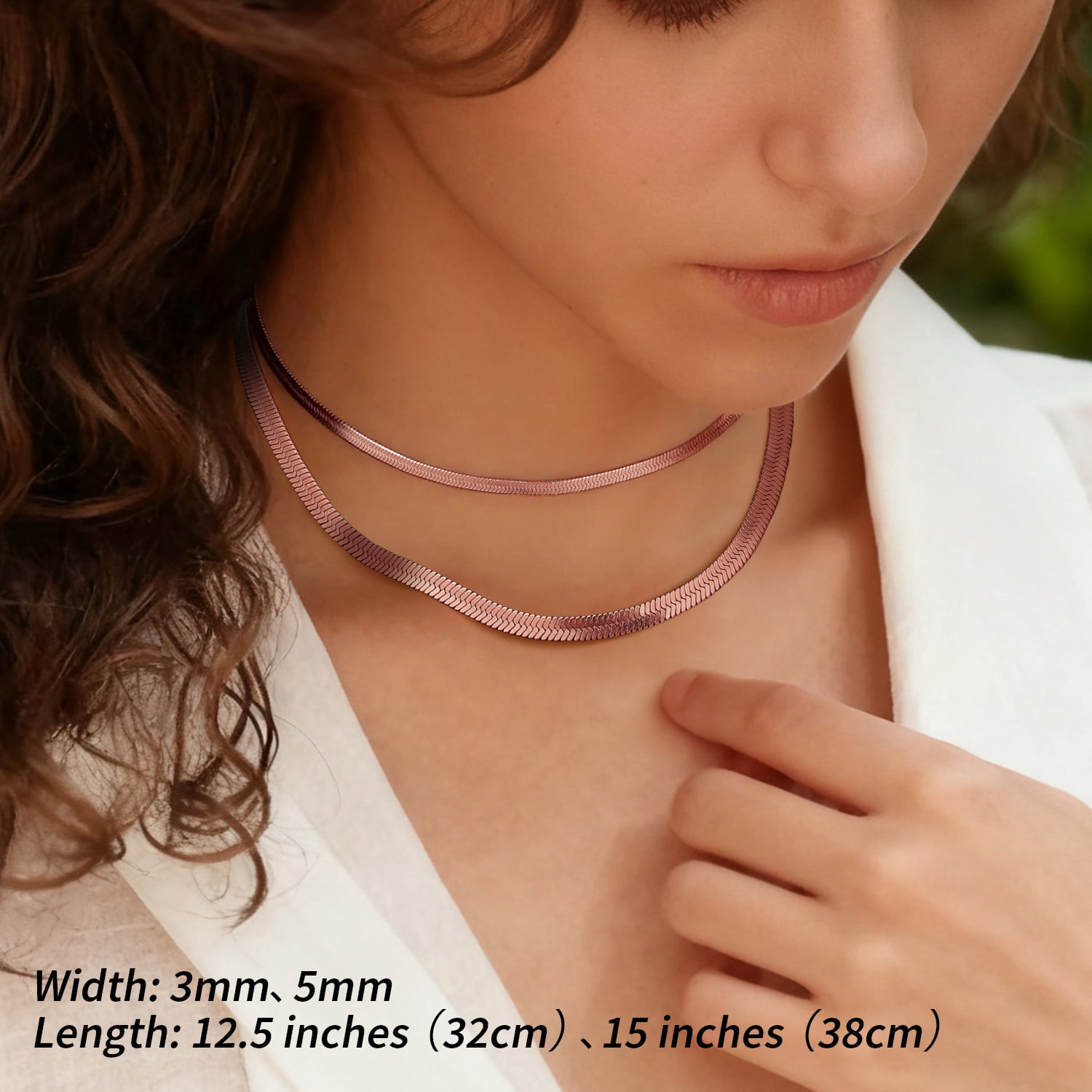 FindChic 2pcs Rose Gold Plated Necklaces for Women Layered Herringbone Choker Snake Chain Birthday Mothers Day Jewelry Gifts Her Mom Wife Lady Female Adults Age Ideas, 3mm & 5mm
