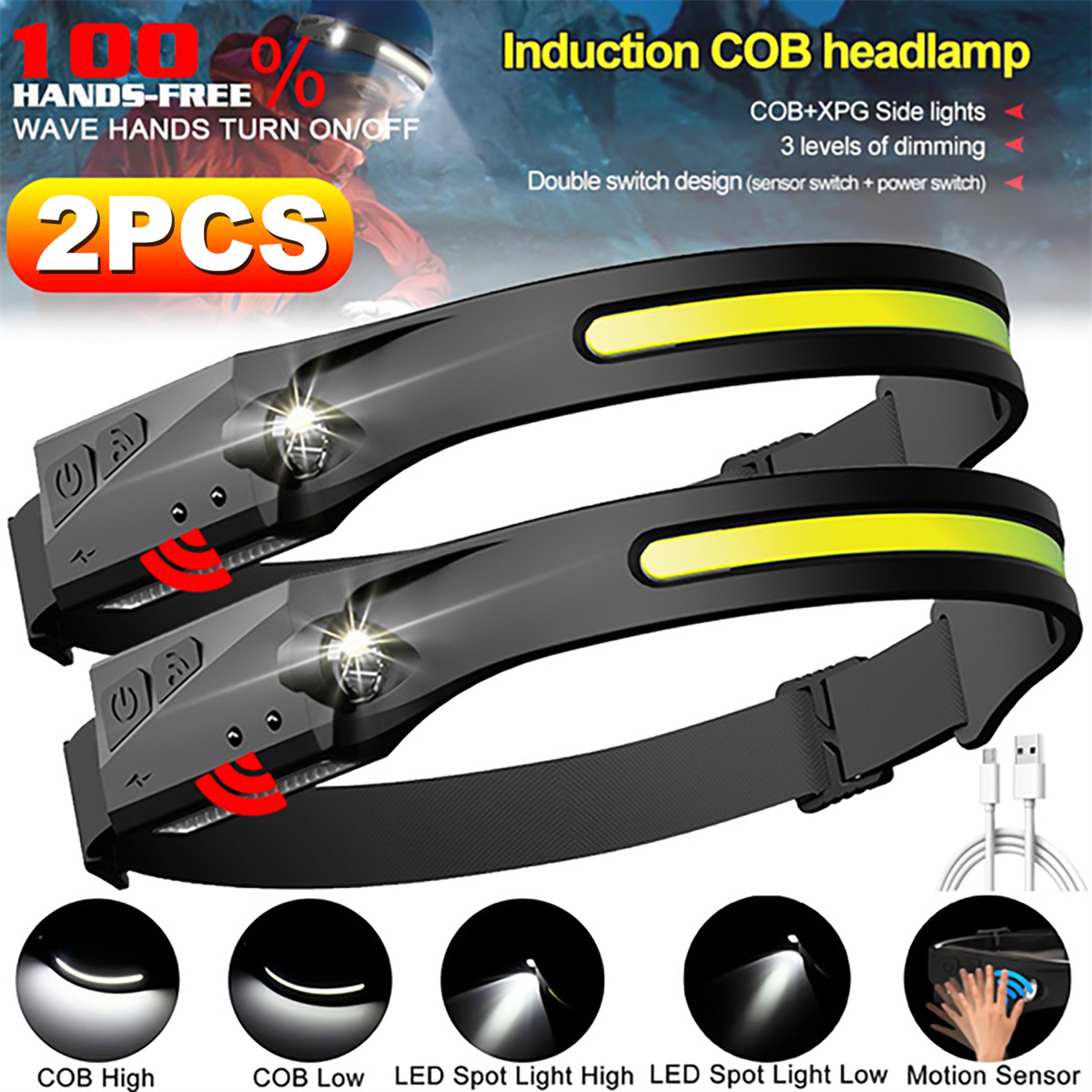 2Pack LED HeadLamp Rechargeable, Waterproof Motion Sensor Head lamp