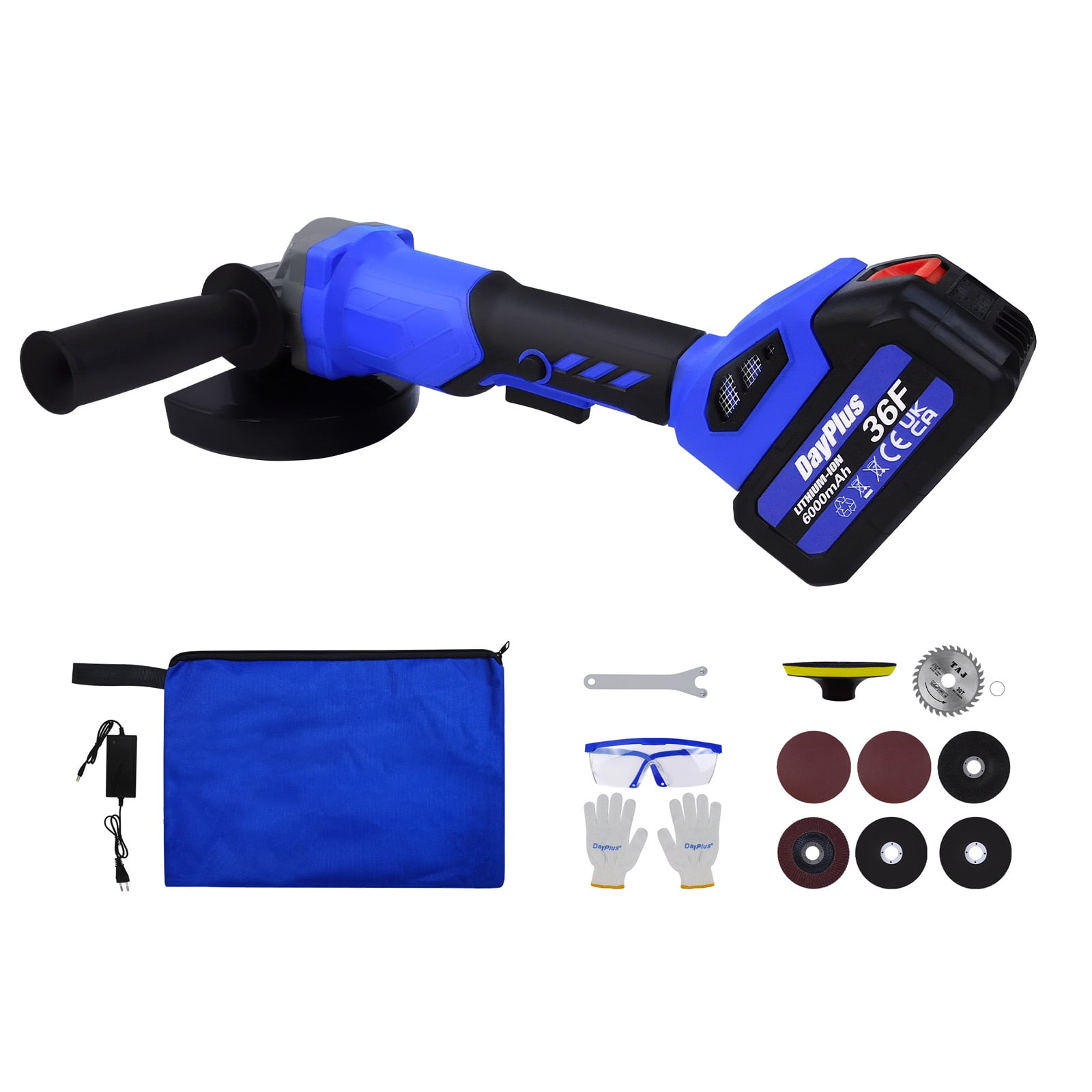 Cordless Angle Grinder 3000mAh Battery, Side Handle, Cutting Wheel