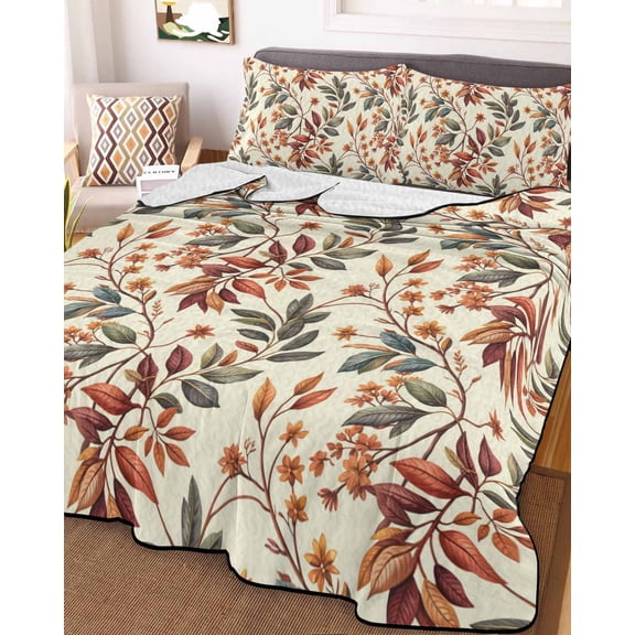 Fall Leaves Twin Size Down Alternative Comforter, Lightweight Comforter Quilt Bedding Set with Pillow Shams Farmhouse Beige Botanical Branch All Seasons Bed Comforter Duvet Insert 68"x86"