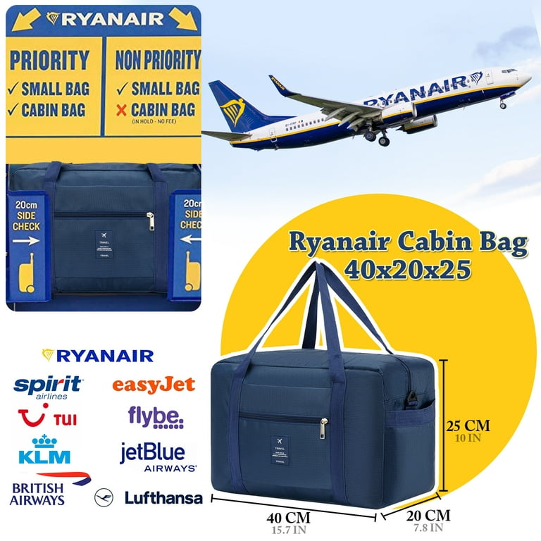 BAGZY Cabin Bag 40x20x25 for Ryanair Underseat Cabin Bag, Large Foldable  Duffel Bag Nylon Holdall Hand Luggage Case Carry on Luggage Flight Bag  Baggage Organiser Storage (Black) 