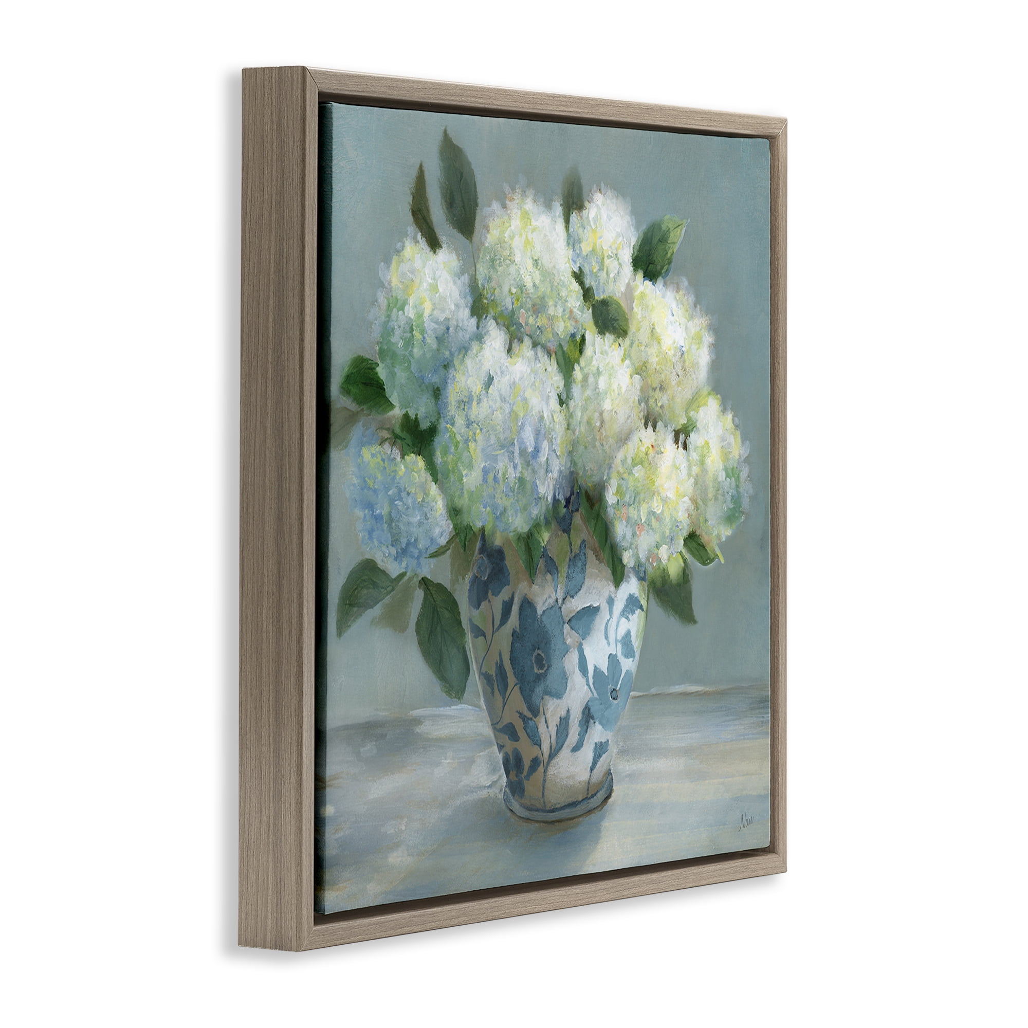 Stupell Industries Hydrangeas in Elegant Vase Brown Framed Floater Canvas Wall Art, design by Nan