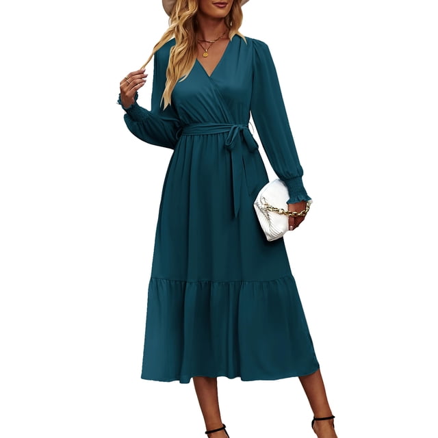Vestido PRETTYGARDEN Cruzado con Escote en V y Volantes Maxi Azul Lago M