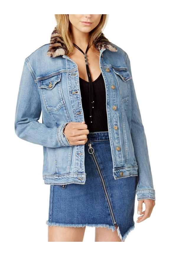 Womens Faux Fur Collar Light Wash Jean Jacket Denim S