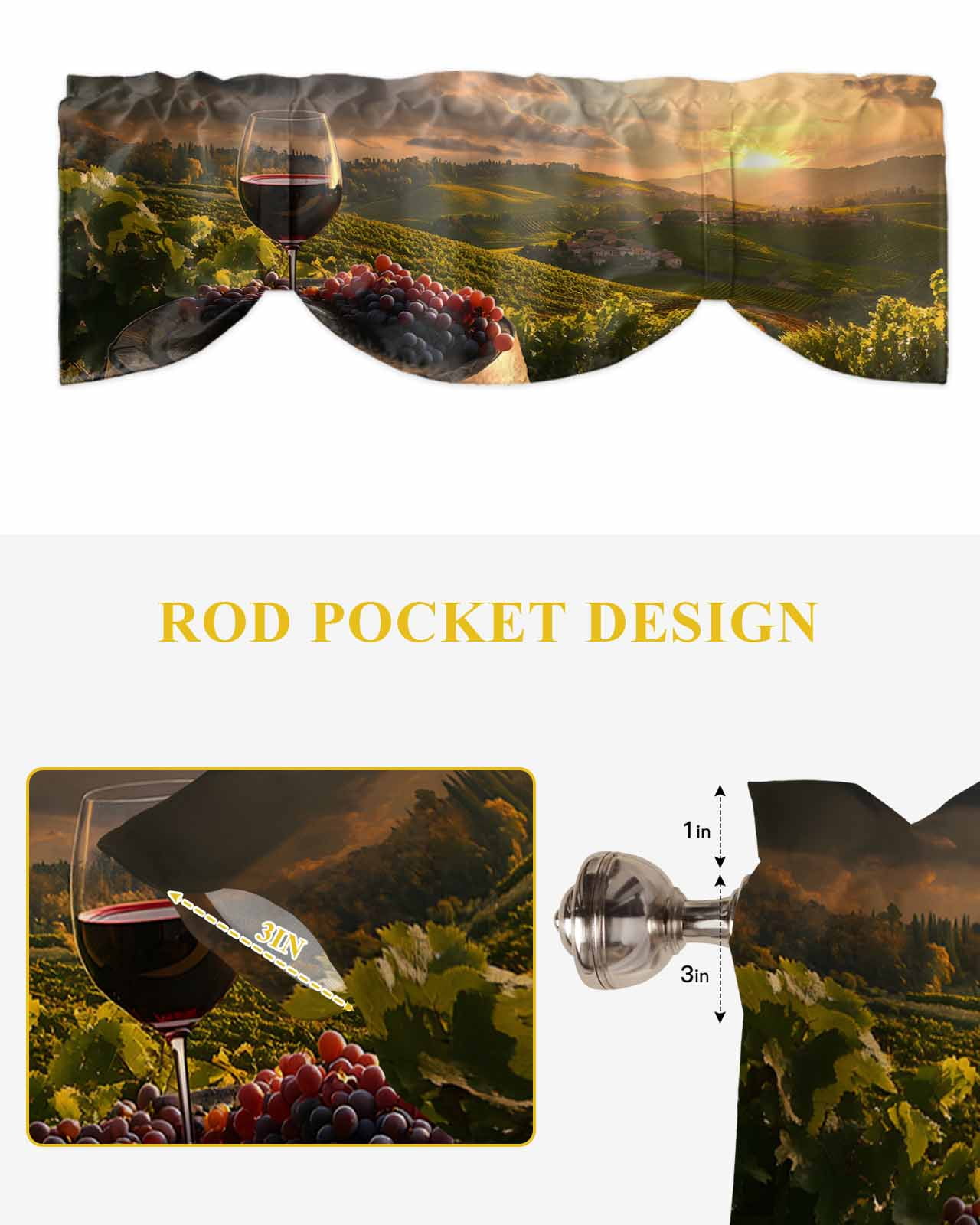 Wine Grapes Tie Up Valances Curtain, Adjustable Kitchen Decoration Barrel Valances for Windows Decor, Rod Pocket Short Curtains Set for Bedroom/Bathroom, 60"x18"
